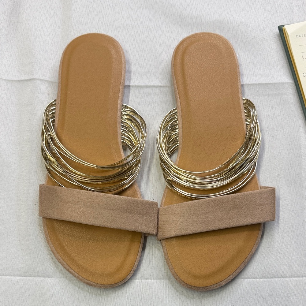 Tan and Gold Women's Slide Sandals
